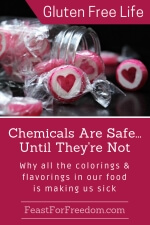 Pinterest mini image - Chemicals are safe until they're not, why all the colorings and flavorings in our food is making us sick with a tipped over jar of hard pink and white candies with a heart shape in the middle