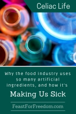 Pinterest mini image - Why the food industry uses so many artificial ingredients, and how it's making us sick with a selection of brightly colored vials of chemicals