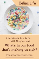 Pinterest mini image - Chemicals are safe until they're not, what's in our food that's making us sick with a bowl of brightly colored 'O' cereal with milk