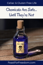 Pinterest mini image - Chemicals are safe until they're not with an antique vial with blue poison and a skull and crossbones label
