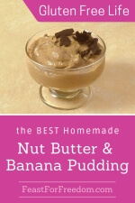 Pinterest mini image - Nut butter and banana pudding in a simple bowl, topped with large grated chocolate chunks